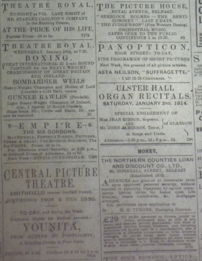 Amusement ads, Belfast Newsletter, 3 Jan. 1914. 