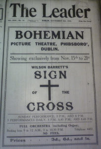One of the Irish-Ireland journal The Leader rare picture houses ads was this title page one for The Sign of the Cross at the Bohemian in mid-November 1914.
