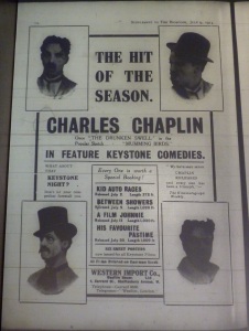 Western Import Co. ad for Chaplin's early Keystone film hails him as the hit of the season and reminds readers of his stage career. Bioscope 9 Jul. 1914: xx.