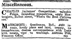 Small ad calling for Chaplin imitators. Freeman's Journal 16 Sep. 1915: 8.