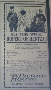 Illustrated ad for Rupert of Henzau (Britain: London, 1915) at Dublin's Picture House, Grafton Street; Evening Telegraph 31 May 1915: 2.