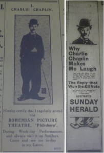 Ads featurng Chaplin, autumn 1915. Left, Evening Telegraph 12 Aug. 1915: 2; right, Dublin Evening Mail 11 Sep. 1915: 5. 