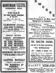 The Bohemian advertises its engagement of Twelvetrees prominent in its Easter programme, beside the Carlton’s ad for its attractions, including Erwin Goldwater’s solo playing; Dublin Evening Mail 22 Apr 1916: 2. 