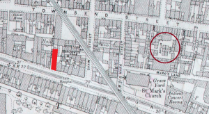 The map shows the location of Asylum Yard (ringed) and the Brunswick Street Picture House (red block) that